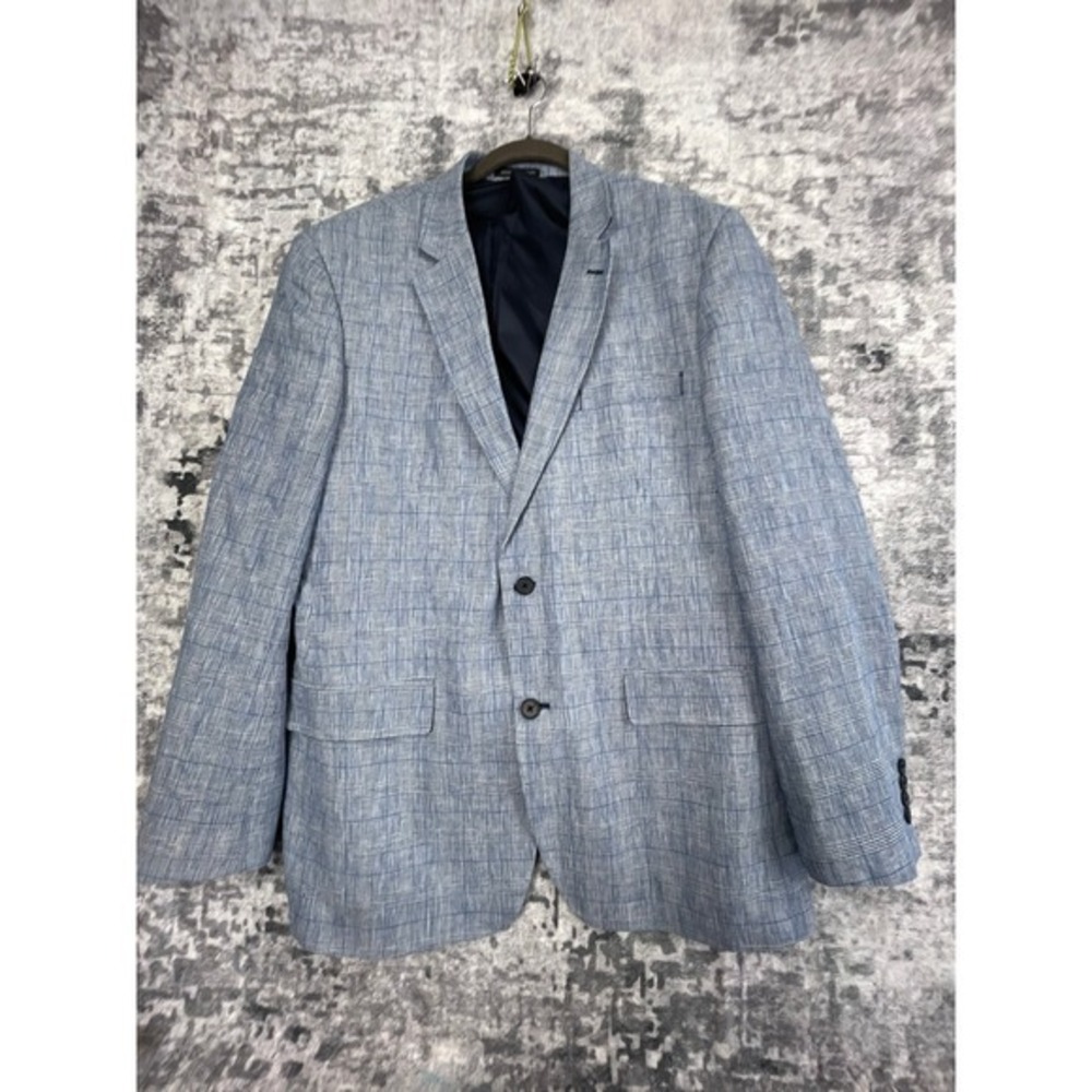 Jones New York Linen Blend Blazer Mens 44L Blue Windowpane Grid Check Sport Coat